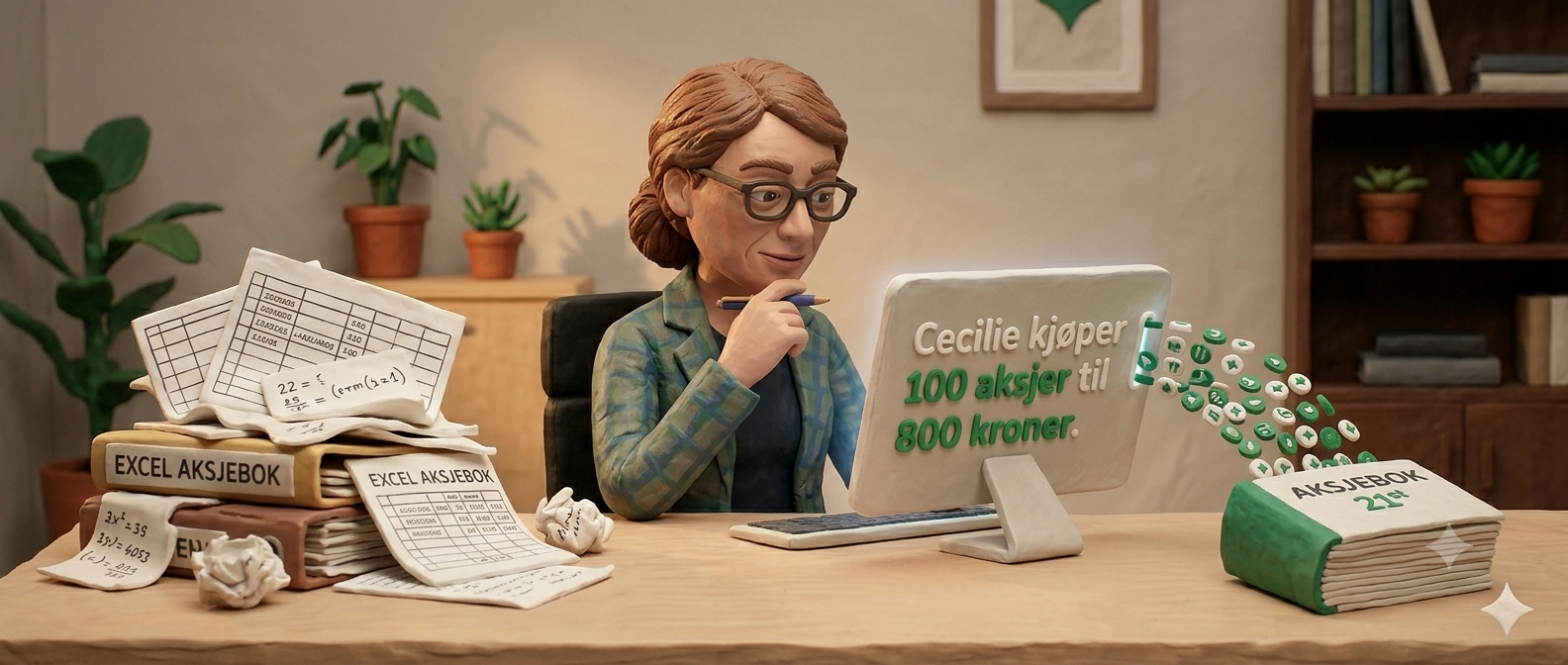 Claymation: Cecilie ved pulten skriver en aksjehandel i vanlig språk, omgitt av krøllete Excel-aksjebøker